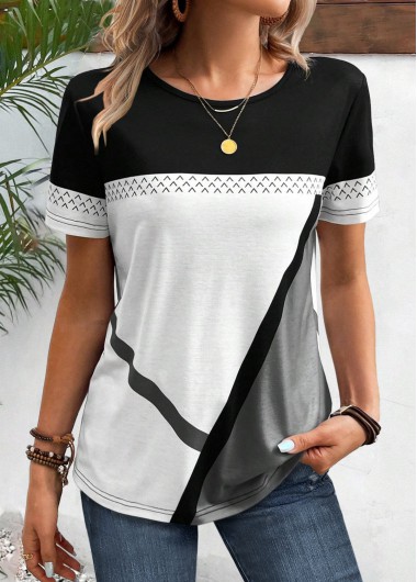 Modlily Black Patchwork Geometric Print Short Sleeve T Shirt - M