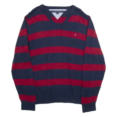 TOMMY HILFIGER Mens Patterned Jumper Blue Striped V-Neck Tight Knit L