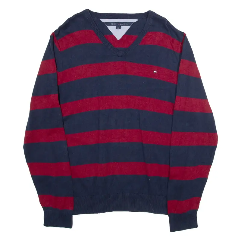 TOMMY HILFIGER Mens Patterned Jumper Blue Striped V-Neck Tight Knit L