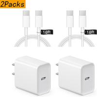 2-Pack 20W PD USB-C Wall Charger with 6FT/10FT Type-C to C Cable for iPhone 16/15 Series, iPad Pro, Air, Mini, Samsung Galaxy...