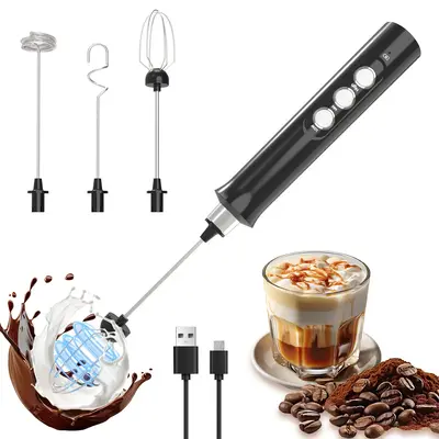Electric Milk Frother, USB Rechargeable Electric Whisk with 3 Heads, Handheld Double Grip Design, 3 Speeds Drink Mixer Foam M...