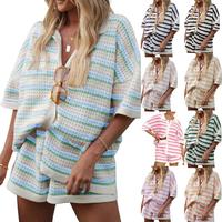 Women 2 Piece Knitted Pajamas Set Short Sleeve Striped Crochet Button Down Shirt Shorts Set Casual Lounge Set