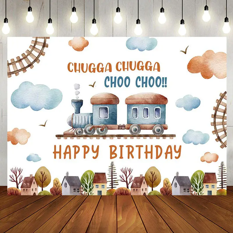 Cute Train House Clouds Trees Birthday Backdrop - Aperturee