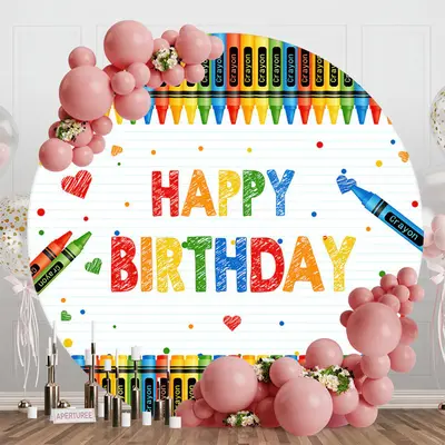 Colorful Crayon Stripe Round Happy Birthday Backdrop - Aperturee