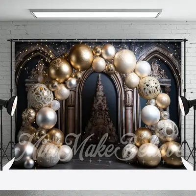 Gold Balloons Luxury Black Arch Wall Christmas Backdrop - Aperturee