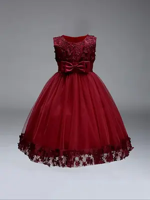 Girl's Contrast Lace Bow Decor Satin Party Dress, Elegant Round Neck Sleeveless Zipper Back Tulle Tutu Dress for Party Perfor...