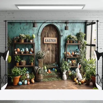 Aperturee Rustic Retro Teal Wall Eggs Bunny Easter Backdrop, 3X2FT(1MX0.6M), 14 USD, ZHF348A-M, easter backdrops