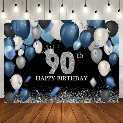 Aperturee Dark Blue White Silver 90Th Birthday Backdrop