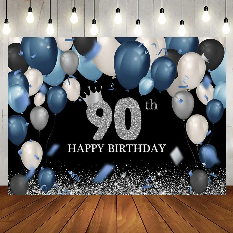 Aperturee Dark Blue White Silver 90Th Birthday Backdrop