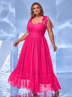 【Plus Size】Tie Shoulder Mesh Overlay Party Dress, Elegant Comfortable Long Dress for Birthday Party Prom Wedding Guest, W...