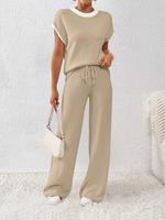 Women's Short Sleeve Top & Wide Leg Pants 2 Piece Set, Casual Fashion Cozy Knitwear Set for Daily Outdoor Wear, Women Knitwea...