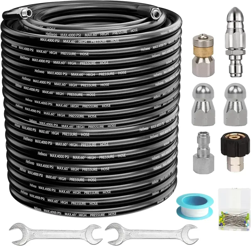 Sewer Jetter Kit for Pressure Washer Jet Drain Cleaner Hose 1/4 Inch NPT with Rotating and Button Nose Sewer Jetting Nozzles ...