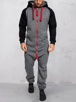 Hooded Fleece Solid Color Jumpsuit, Grey/Red / XXXL