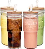 ANOTION  Glass Cups with Lids and Straws 4 Packs, 24oz Travel Coffee Mug Wide Mouth Mason Jar Iced Boba Cute Water Cups Drink...