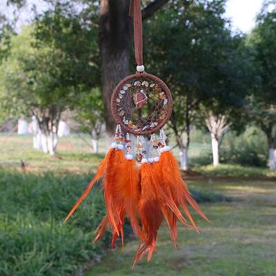 Natural Carnelian Chips Woven Net/Web with Feather Pendant Decoration