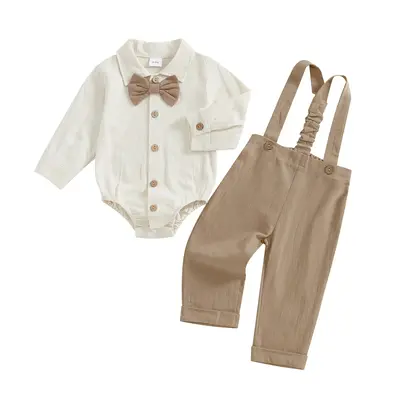 Newborn Infant Baby Boy Outfits Suit Bowtie Dress Romper+Suspender Overalls Pants Set Gentleman Wedding Clothes Formal