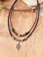 Women's Boho Style Leaf Design Pendant Necklace, Trendy Vintage Beads Decor Adjustable Pull-out Pendant Necklace, Chic Gorgeo...