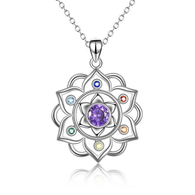 Sterling Silver Cubic Zirconia Lotus & Chakras Pendant Necklace