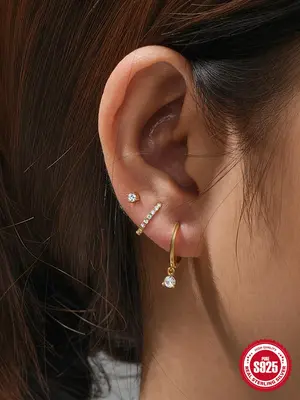 925 Sterling Silver Rhinestone Decorated Earring Set, 3 Counts Elegant Hoop Earrings & Stud Earrings, Fashion All-match & Ex...