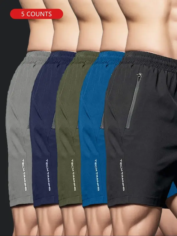 Men's Letter Print Drawstring Waist Track Shorts, Casual Regular Fit Zipper Pocket Elastic Waist Shorts for Summer, Track Sho...