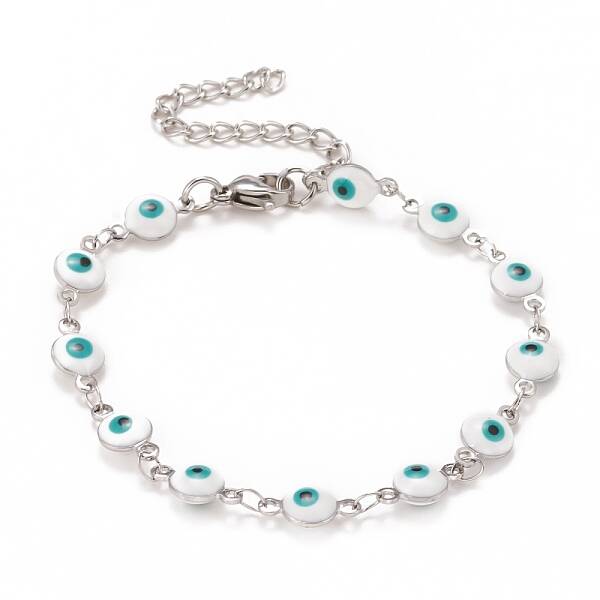 Enamel Oval with Evil Eye Link Chains Bracelet