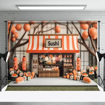 Aperturee Orange Balloons Trunk Sushi Store Cake Smash Backdrop, 3X2FT(1MX0.6M), 14 USD, birthday cake smash backdrops, ENHD2...