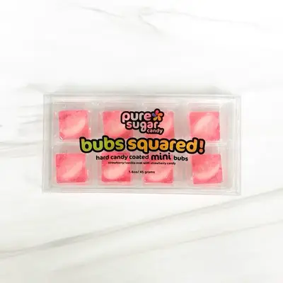 BUBS SQUARED! Hard candy coated MINI BUBS - 8-pack of mini bubs inside a hard candy square - Five delicious flavor combinatio...