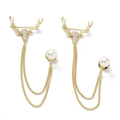 Deer & Round Acrylic Pearl with Tassel Chain Brooch Pin