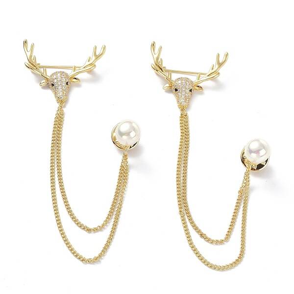 Deer & Round Acrylic Pearl with Tassel Chain Brooch Pin