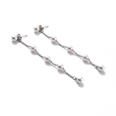 Round Plastic Pearl Beaded Long Chain Dangle Stud Earrings