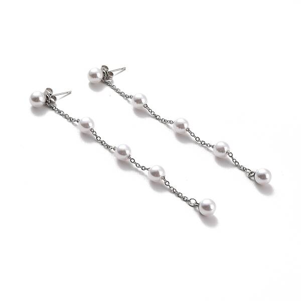 Round Plastic Pearl Beaded Long Chain Dangle Stud Earrings