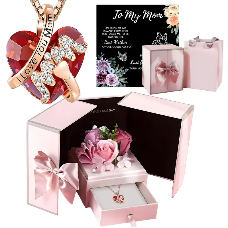 Necklace + Gift Box, 1 Set Rose Gift Box and I Love You Necklace, Rose Gift for Mom, Wife, Girlfriend, Anniversary, Birthday...