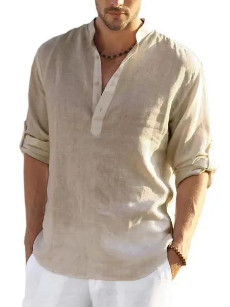 Cotton Linen Style Henley Shirt (US Only), Khaki / XXL