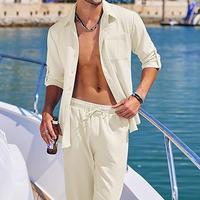 COOFANDY Men's two-piece linen casual long sleeved button down Cuban shirt and loose pants beach vacation set, summer outfit,...