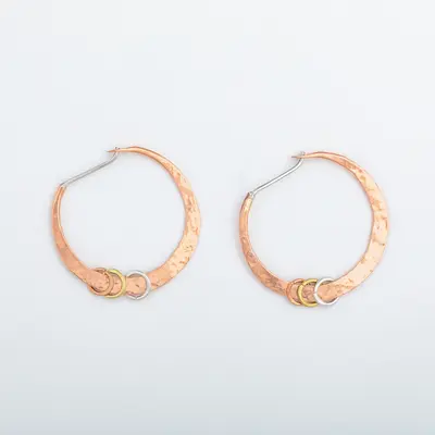 Hammered Sterling, Brass & Copper Hoop Earrings - Copper