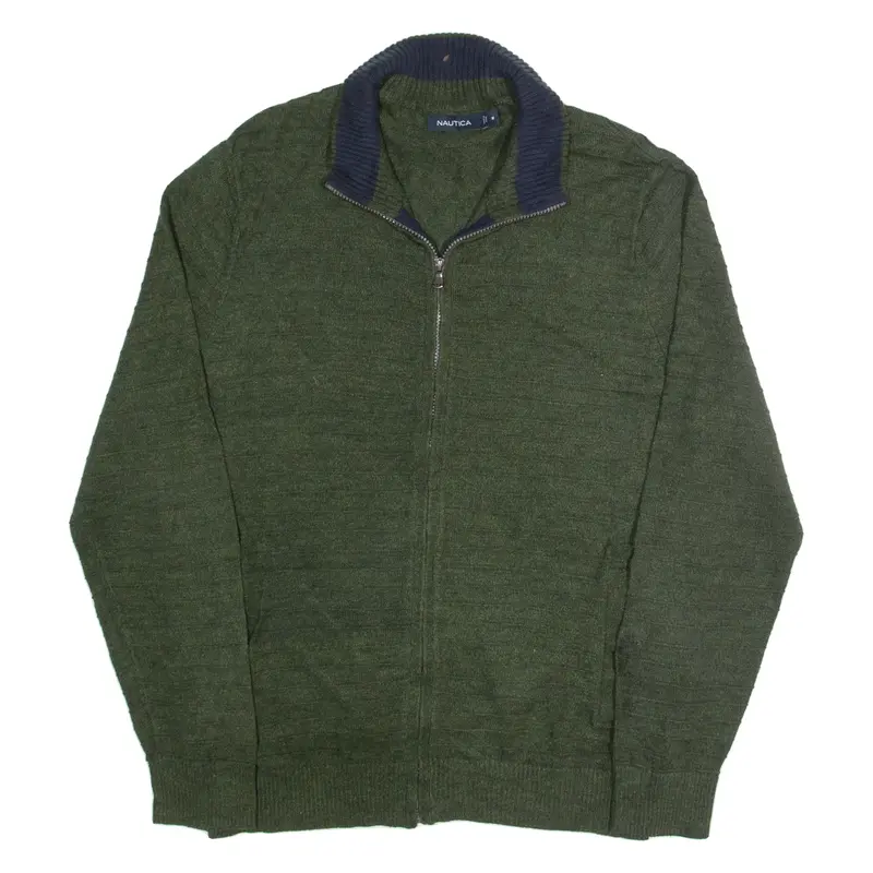 NAUTICA Mens Cardigan Green High Neck Tight Knit M
