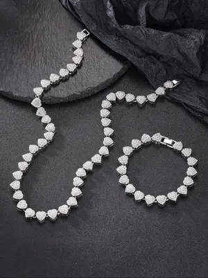 Fashion Heart Shaped Rhinestones Decorated Jewelry Set for Summer, Including Love Necklace & Matching Bracelet, 2024 New Tren...