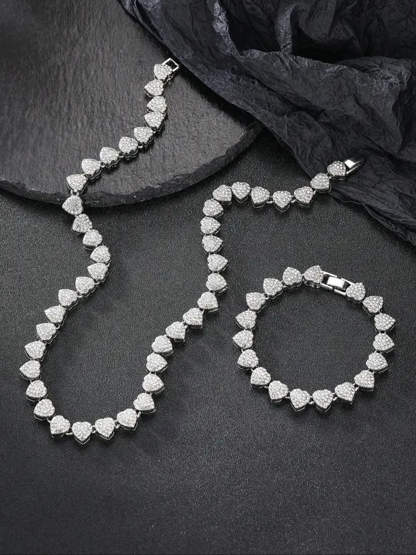 Fashion Heart Shaped Rhinestones Decorated Jewelry Set for Summer, Including Love Necklace & Matching Bracelet, 2024 New Tren...
