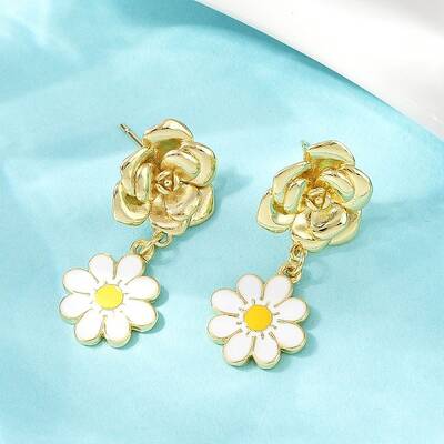 Daisy Flower Brass Dangle Stud Earrings