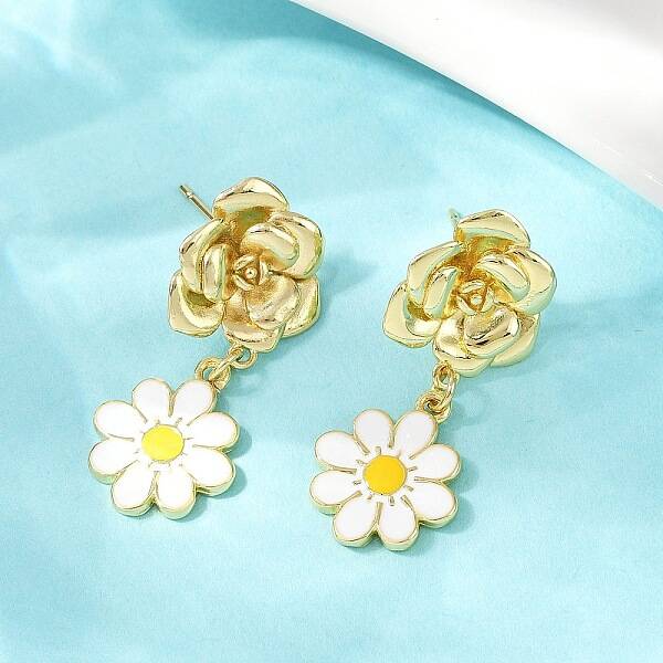 Daisy Flower Brass Dangle Stud Earrings