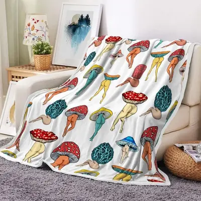 Mushroom Pattern Blanket, Colorful Soft Throw Blanket, Cool Bedroom Accessories Bedding Blanket, Air-conditioned Warm Nap Bla...