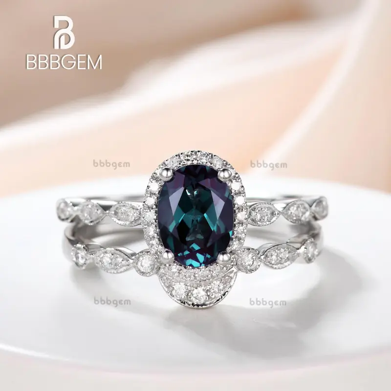 Oval Alexandrite Halo Diamond Engagement Ring Set With Curved Diamond Band