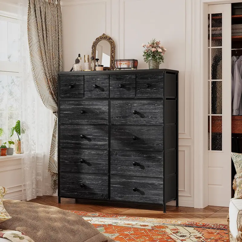 Raybee Furniture Dresser with 12 Drawers, Wooden Top Metal Frame Fabric Storage Organizer Cabinet, Tall Dressers for Girls Be...