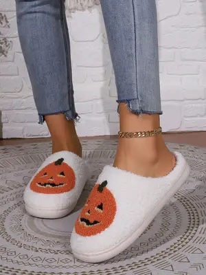 Women's Fashion Slip on Pumpkin Slippers, Funny Fluffy House Slippers, Cute Cartoon Design Fuzzy Home Slippers, Casual Soft a...
