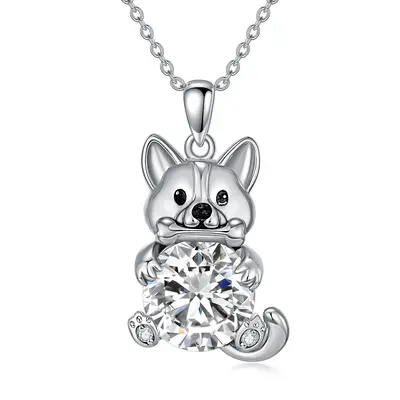 14K White Gold Moissanite Dog Pendant Necklace
