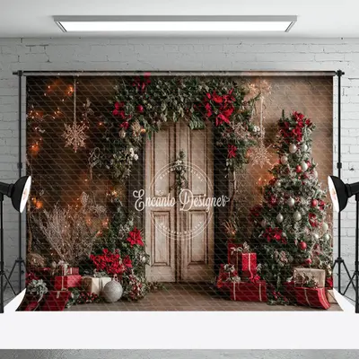 Floral Decorated Door Christmas Tree Gift Backdrop - Aperturee