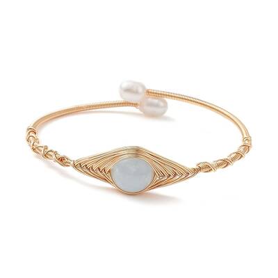 Natural Aquamarine & Pearl Cuff Bangle