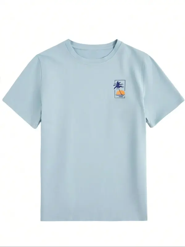 Men's Casual Graphic Tee Shirt, Summer Fitted Long Sleeve Top, Trendy Beach Vacation Wear, Perfect for Daily Travel & Outdoor...