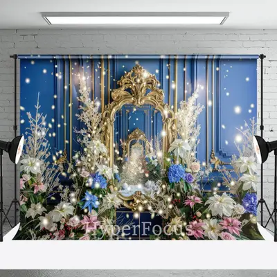 Retro Blue Gold Wall Colorful Floral Photo Backdrop - Aperturee