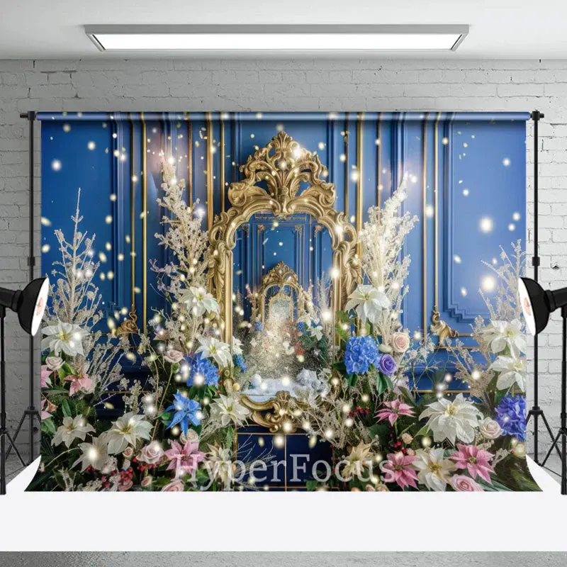 Retro Blue Gold Wall Colorful Floral Photo Backdrop - Aperturee